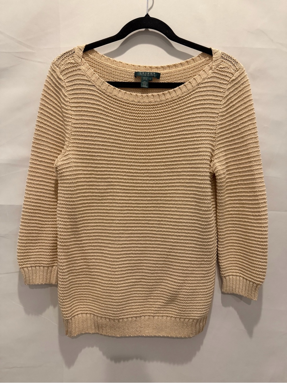 Lauren Ralph Lauren Cream Knit Boatneck Sweater size large.100%cotton,3/4 sleeve